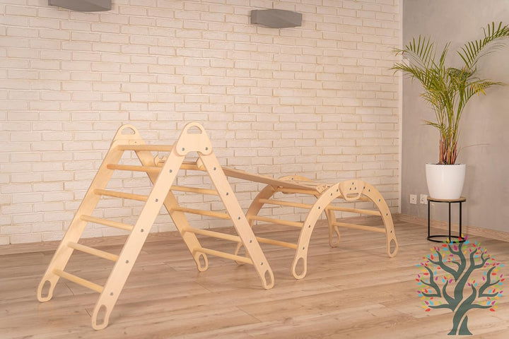 WoodsCraft 5in1 Set: Grosse Kletterbogen mit Kissen, Kinderzelt Indoor & Kletterdreieck mit 2in1: Ru