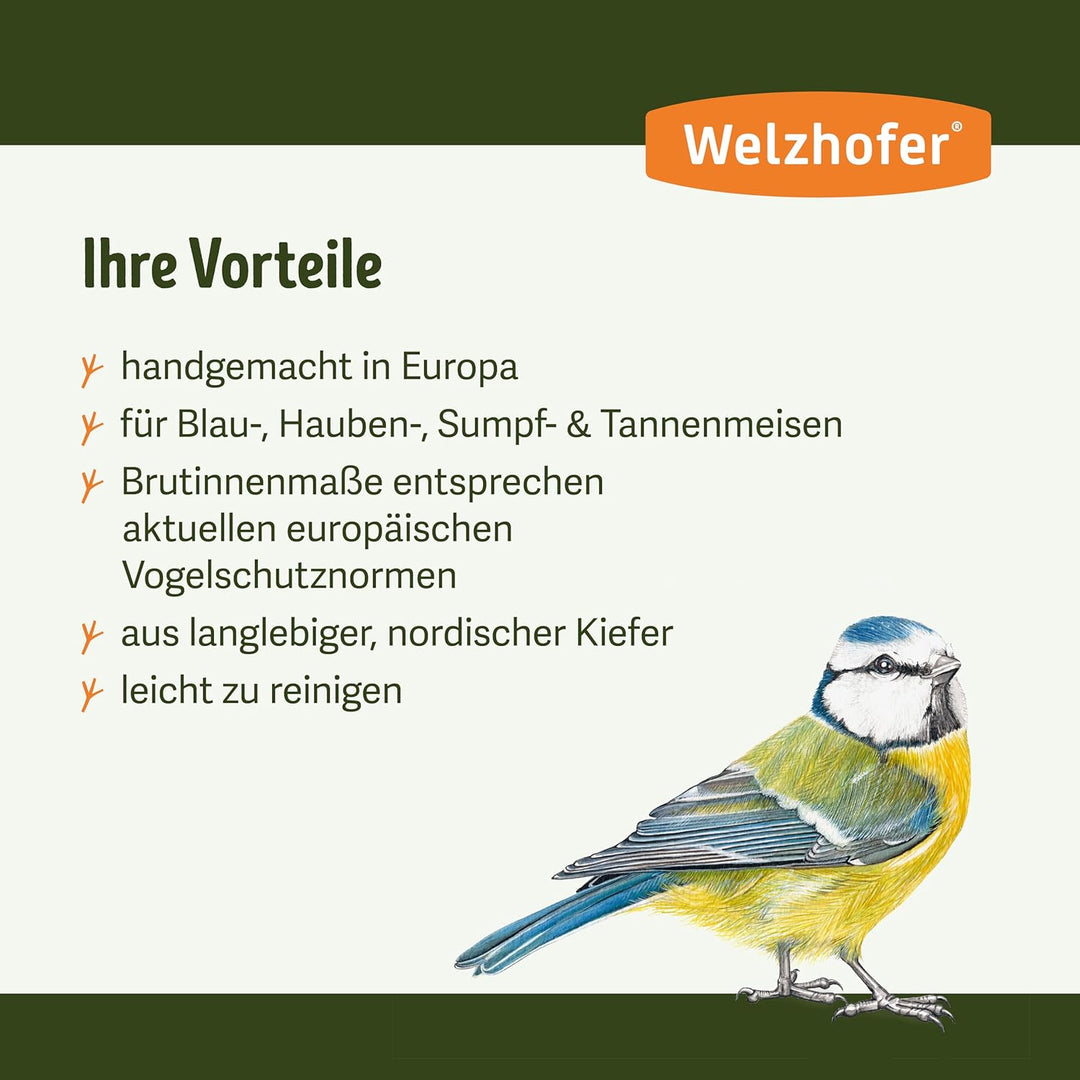 Welzhofer Nistkasten Robbi, Vogelhaus mit 28mm Einflugloch, handgemacht in Europa, für Blau-, Hauben