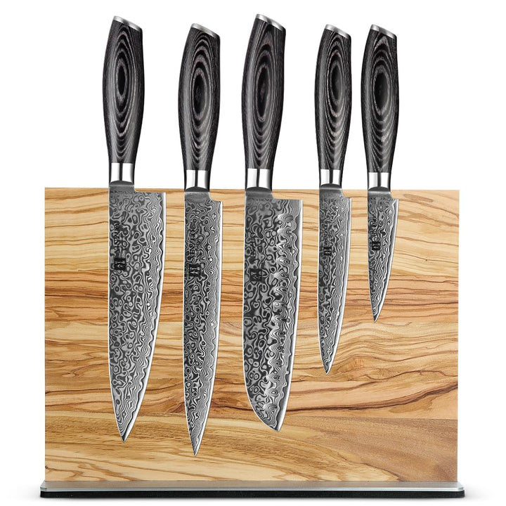 XINZUO 67 Schichten Damaststahl 5er Küchenmesser Set-Pakkaholz Griff mit Olivenholz Messerhalter Mag