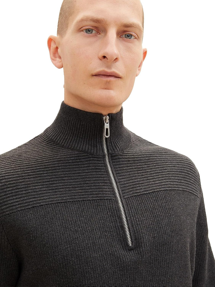 TOM TAILOR Herren Strukturierter Strick-Pullover mit Troyer-Kragen M 10617 - Black Grey Melange, M 1
