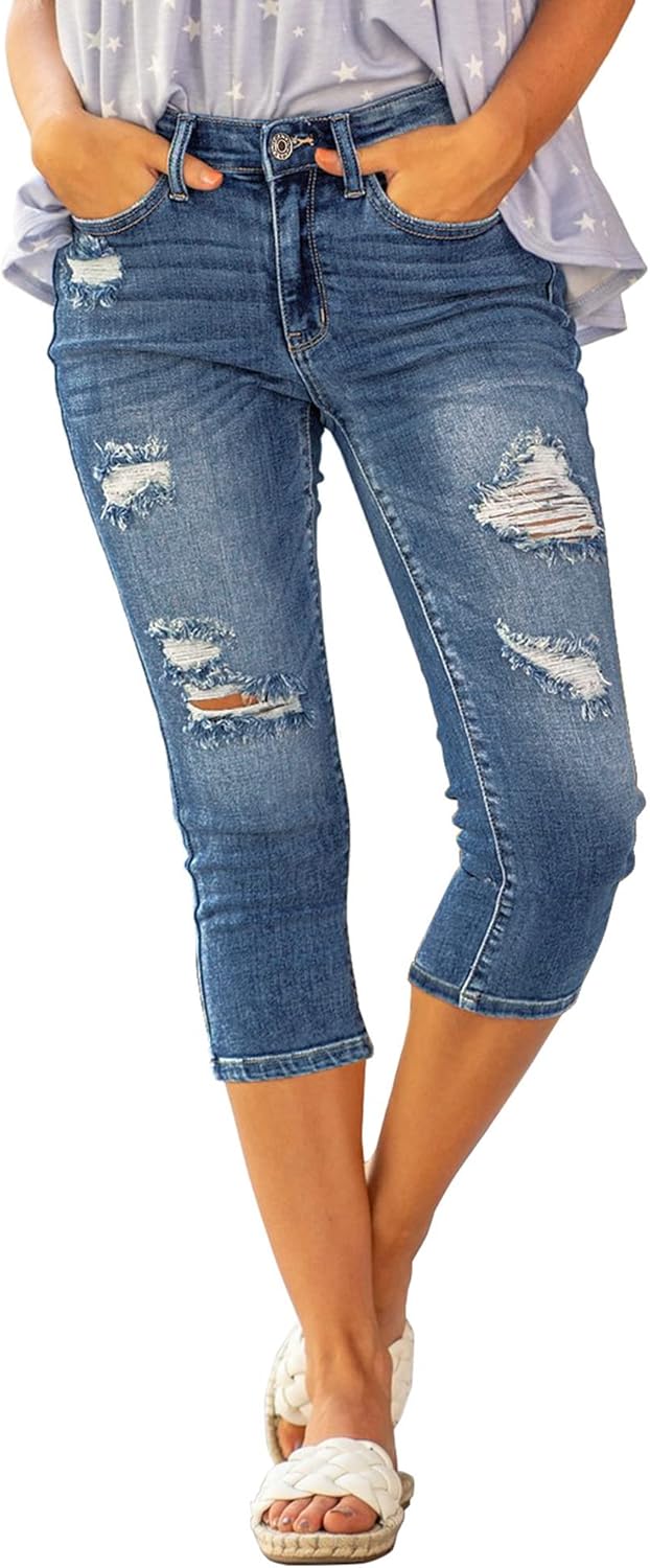 Roskiky Damen Capri Jeans für Frauen hohe Taille Skinny Ripped Jean Denim Hosen L A-klassisch Blau,