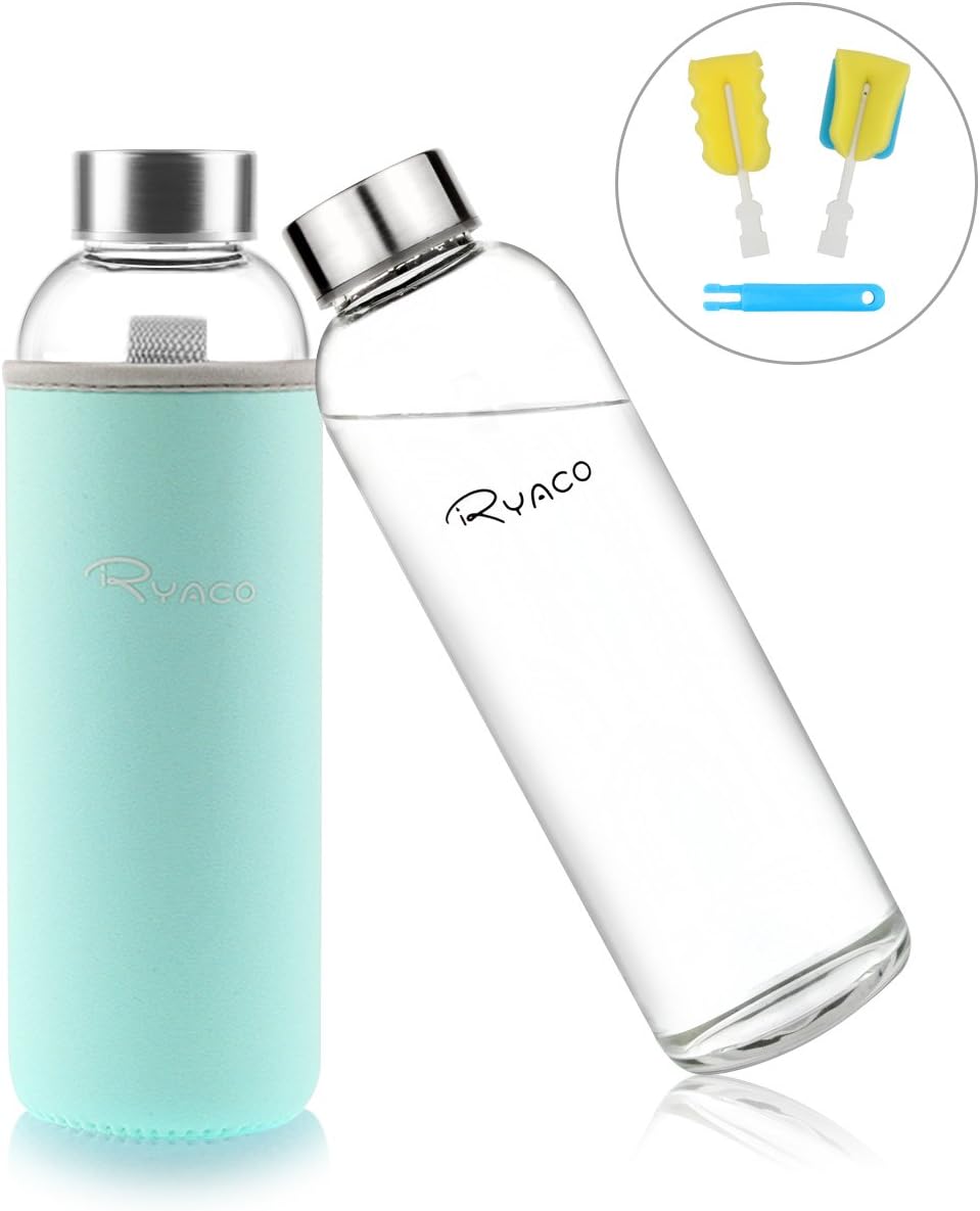 Ryaco Trinkflasche aus Glas 550ml/750ml/1000ml/1L,Glasflasche mit Neoprenhülle,Glastrinkflasche mit