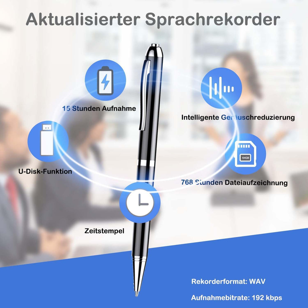 Voice Recorder Stift 64 GB Professioneller Sprachrekorder mit Sprachaktivierung und MP3-Wiedergabe M