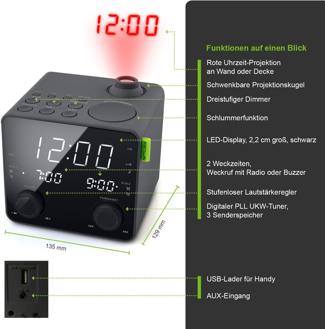 Muse M-189 Radiowecker mit Projektion (2 Weckzeiten, Dimmer, USB-Lader, PLL UKW Tuner, grosses Displ