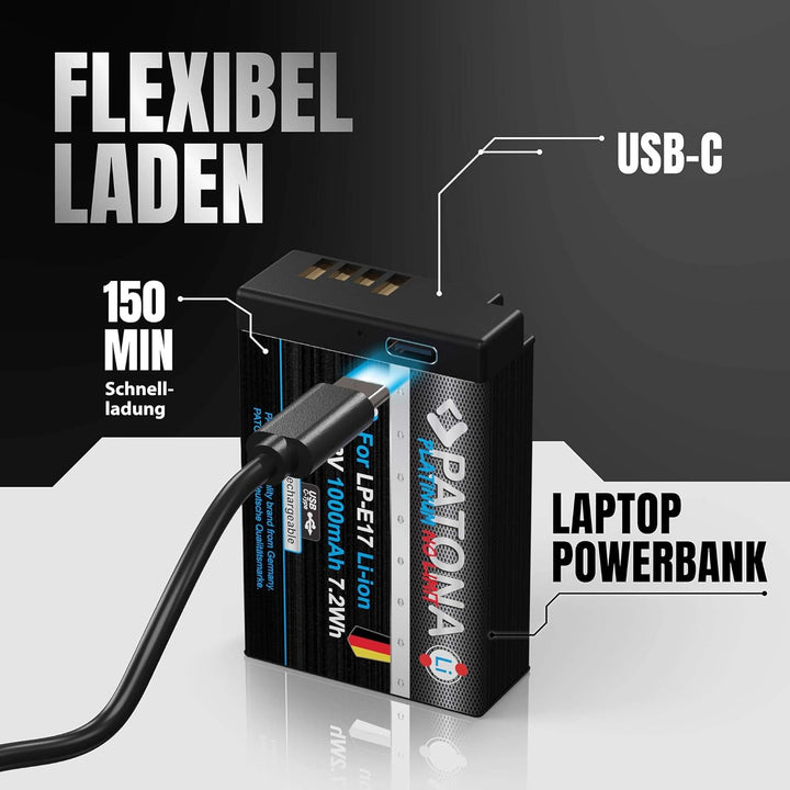 PATONA 2X Platinum Akku Ersatz für Canon LP-E17 LPE17 mit USB-C, 1000mAh | Ersatzakku für EOS RP R10