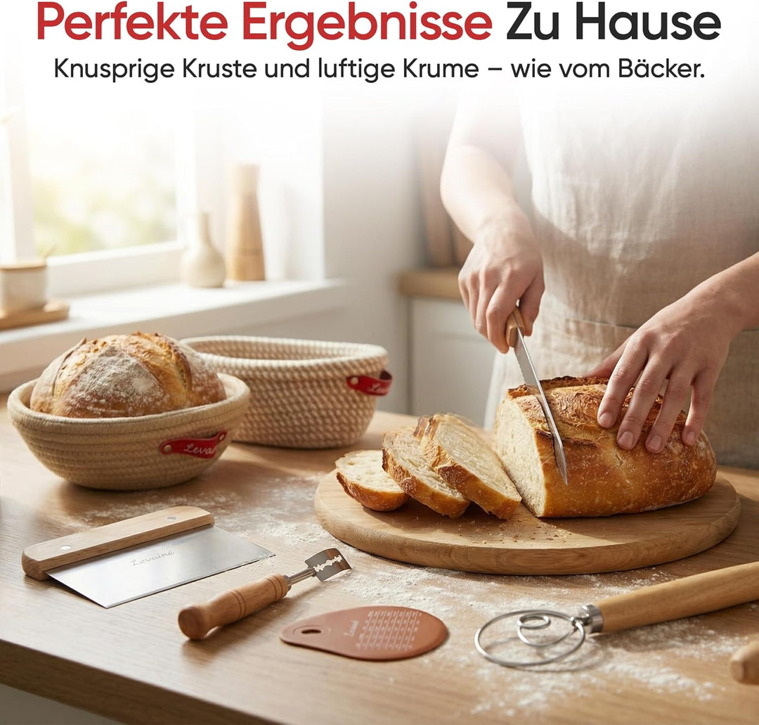 Levainé Sauerteig Starter Set mit Gärkörbchen Set (Rund & Oval) und Zubehör – Brot Backen Zubehör Se