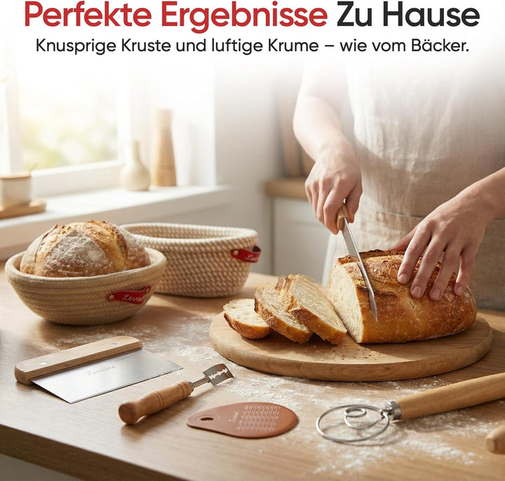 Levainé Sauerteig Starter Set mit Gärkörbchen Set (Rund & Oval) und Zubehör – Brot Backen Zubehör Se
