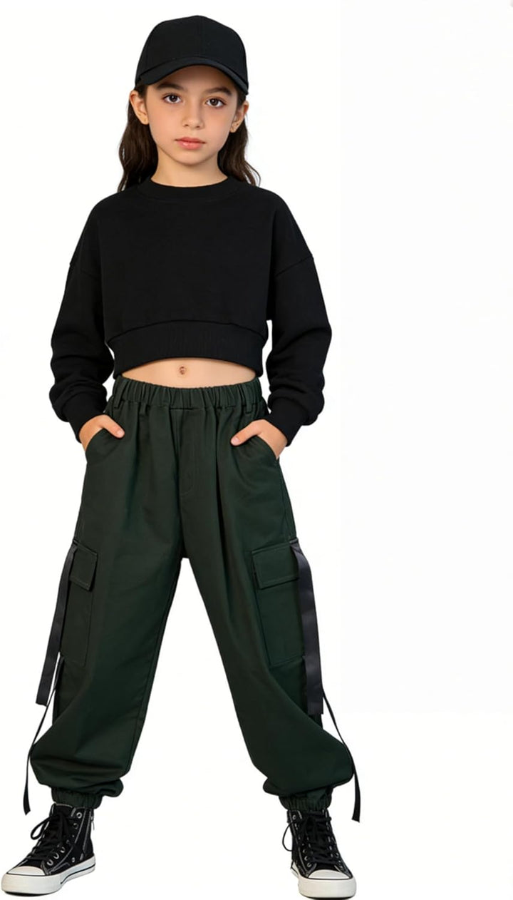 Rolanko Kinder Cargo Hose Elastische Taille Jogger Tanz Hose für Mädchen Streetwear Hip Hop Dunkel G