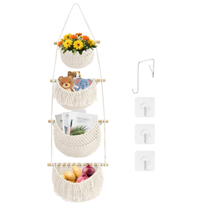 Yiomxhi 4 Stöckig Hängender Organizer Wand Hängekorb, Baumwollseil Hängeorganizer Tür Wandkorb mit 4