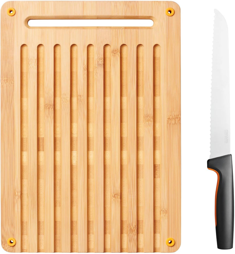 Fiskars Bambus Schneidebrett und Brotmesser, Functional Form, Bambus/Japanischer Edelstahl/Kunststof