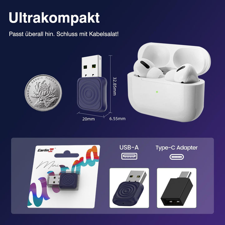 Carlinkit Wireless CarPlay Android Adapter USB Mini Ultra für werkseitig verkabeltes CarPlay & OEM W
