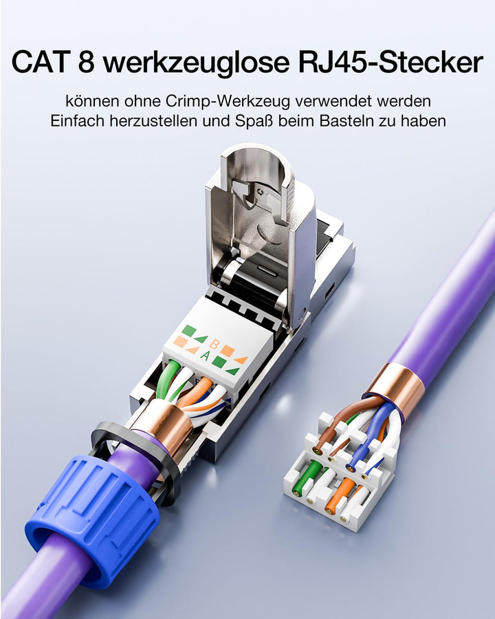 VCELINK RJ45 Stecker Werkzeuglos für Verlegekabel Cat8 Cat7 Netzwerkstecker Werkzeuglos Feldkonfekti