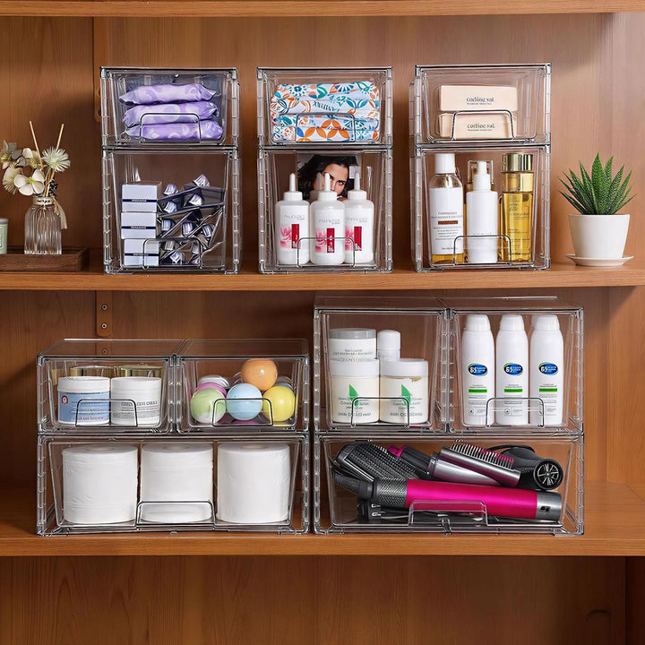 4er-Set Mittelgrosse Stapelbare Aufbewahrungsschubladen, Transparente Acrylbox mit Griff, Einfacher