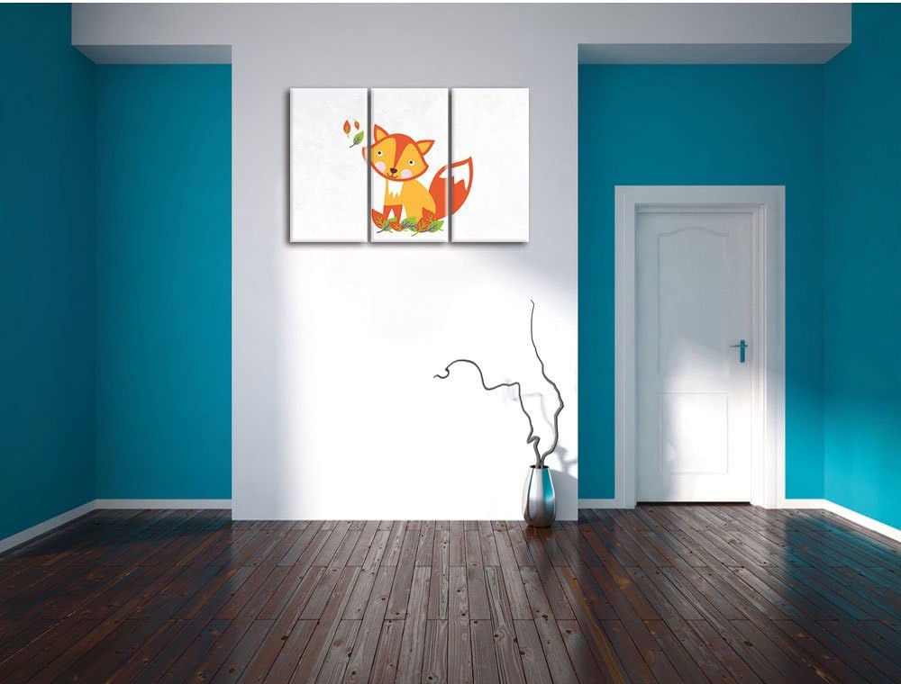 Pixxprint Niedlicher Fuchs in Laub Haufen als Leinwandbild/Grösse: 3 Teilig (120x80) cm/Wandbild/Kun