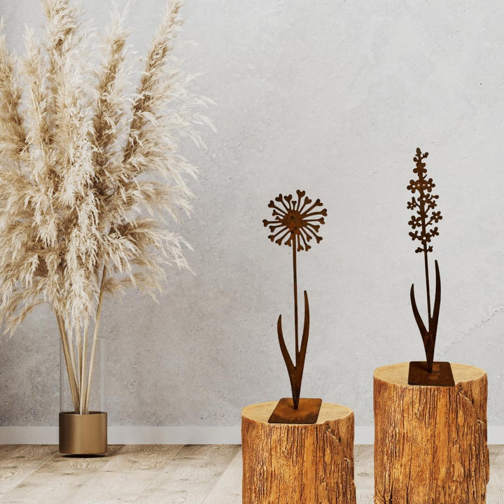 Terma Stahldesign Rost Figur Blumen Set 60cm mit Bodenplatte Handmade Germany Pusteblume für drausse