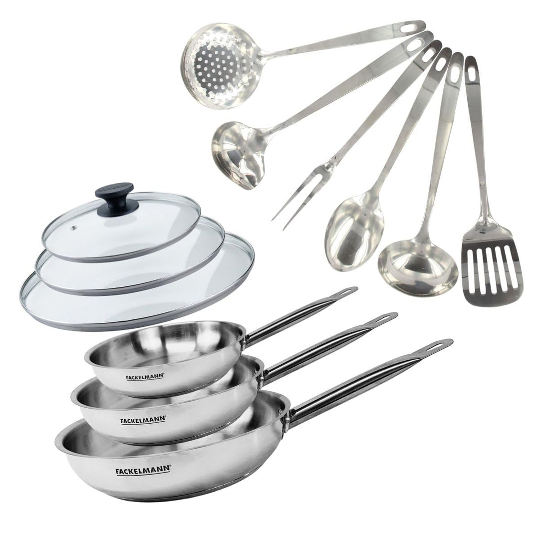 Fackelmann 9440550 Pfannen-Set, 3-teilig, 20, 24 und 28 cm, aus Edelstahl 18/8, 3 Glasdeckel und 6 K