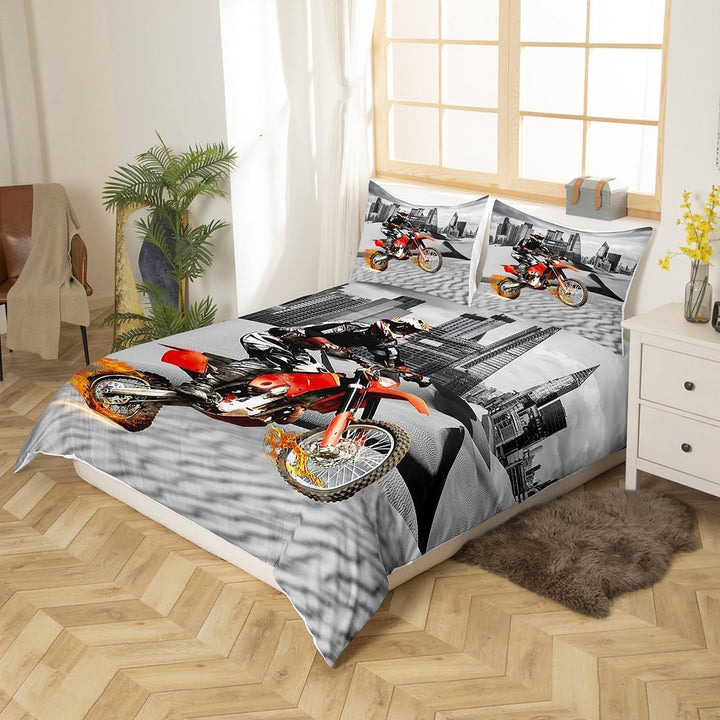 Motorrad 3D Print Betten Set Grau Stadt Moto-Cross Bettwäsche Set Microfaser Himmlische Qualität (12