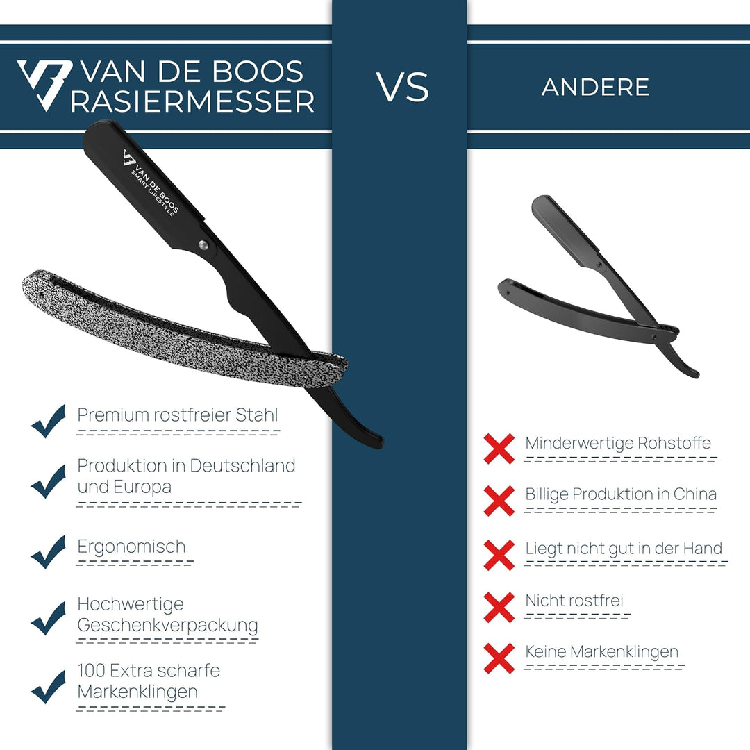 Van De Boos® Rasiermesser-Set mit 100 Derby Wechselklingen - Hochwertiges Edelstahl Barber Bartmesse
