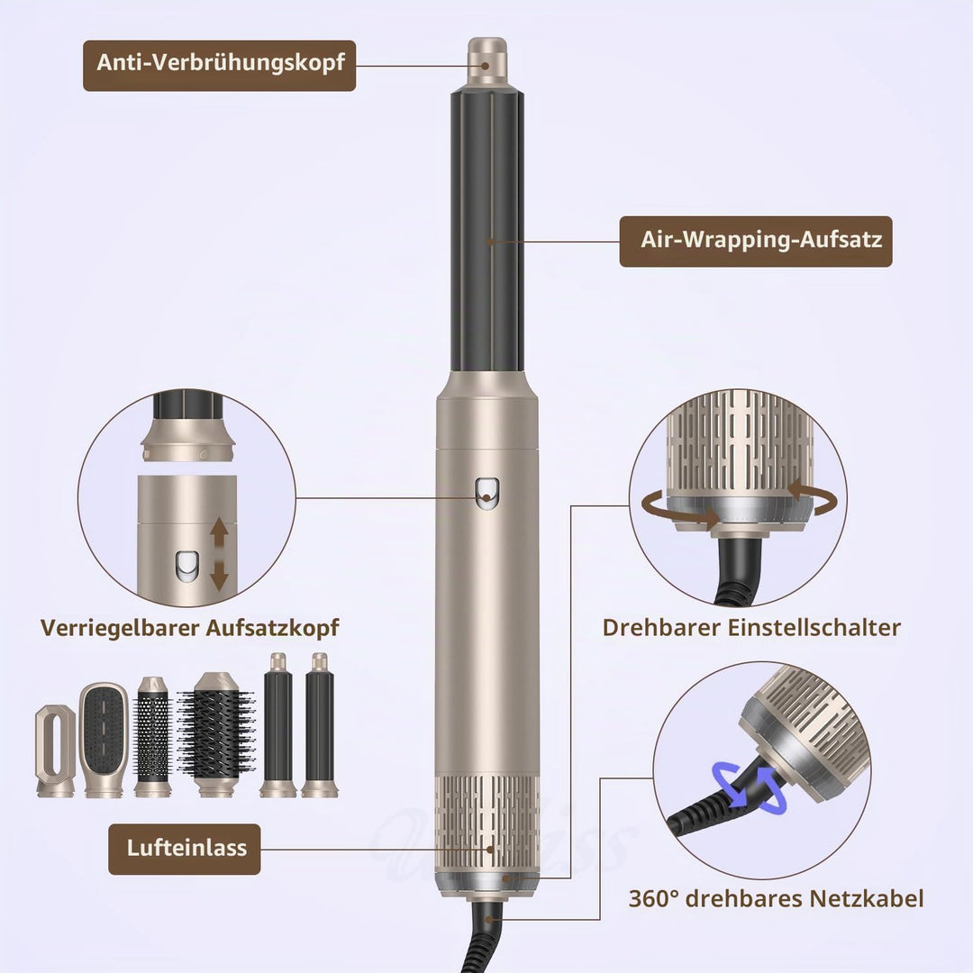 6 in 1 Hairstyler Set, Air Styler mit 1000W Haartrockner, Rundbürstenföhn, Lockenstab, Warmluftbürst