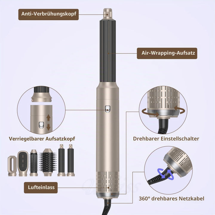 6 in 1 Hairstyler Set, Air Styler mit 1000W Haartrockner, Rundbürstenföhn, Lockenstab, Warmluftbürst