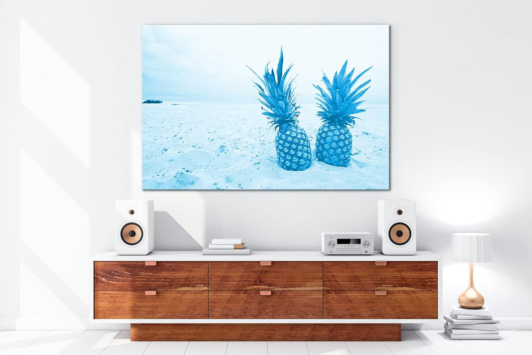 deyoli Ananas am Sandstrand Format: 80x60 Effekt: Monocrome Blau als Leinwandbild, Motiv fertig gera