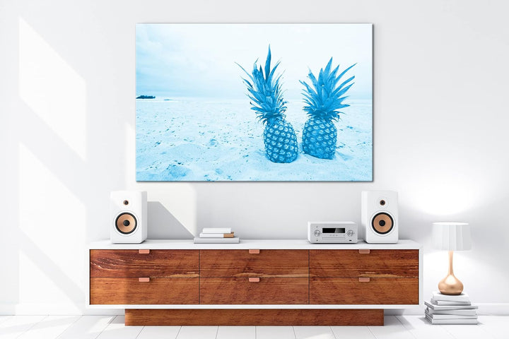 deyoli Ananas am Sandstrand Format: 80x60 Effekt: Monocrome Blau als Leinwandbild, Motiv fertig gera