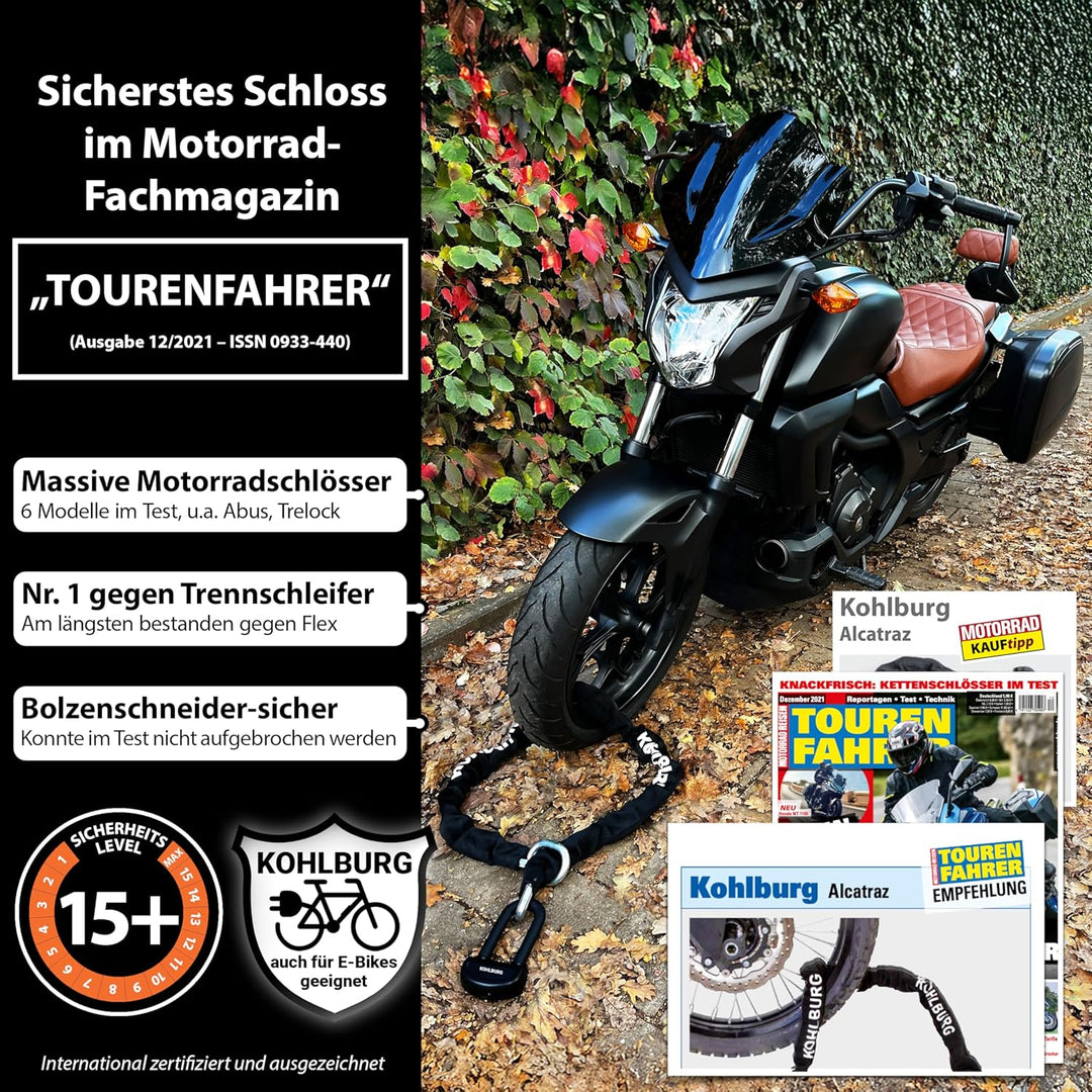 KOHLBURG 6kg massives 150cm VdS Sicherheits- Motorradschloss Typ Alcatraz, 13mm Spezialstahl-Kette,