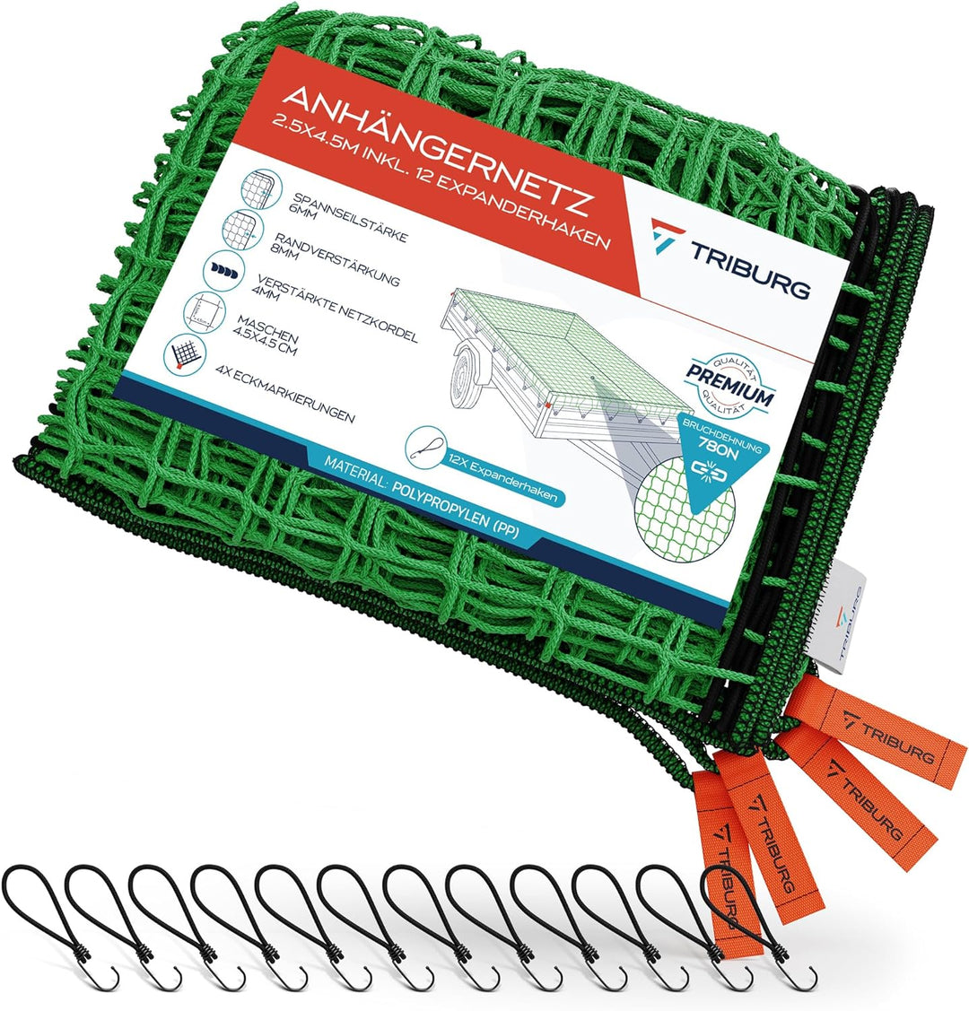TRIBURG Anhängernetz 2,5x4,5 inkl. 12x Expander Haken - Anhänger Netz mit Eckmarkierungen und Randve