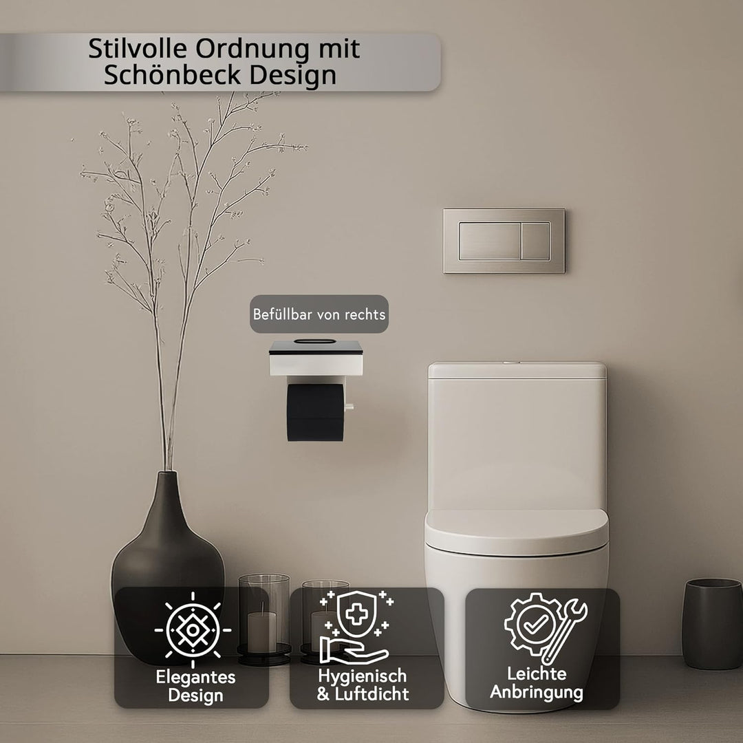 Toilettenpapierhalter mit Feuchttücherbox - Gehäuse Poliert & Abdeckung Glas Schwarz- befüllbar von