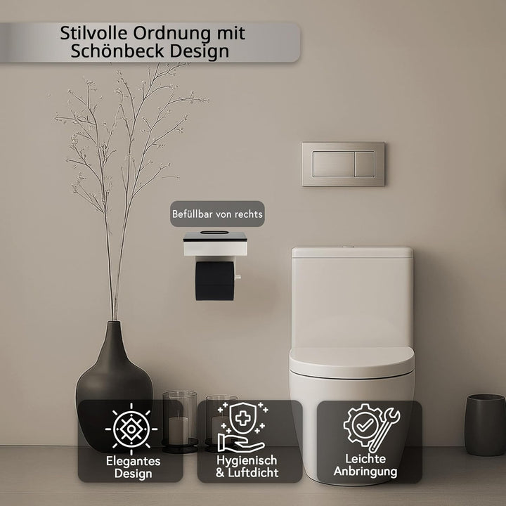 Toilettenpapierhalter mit Feuchttücherbox - Gehäuse Poliert & Abdeckung Glas Schwarz- befüllbar von