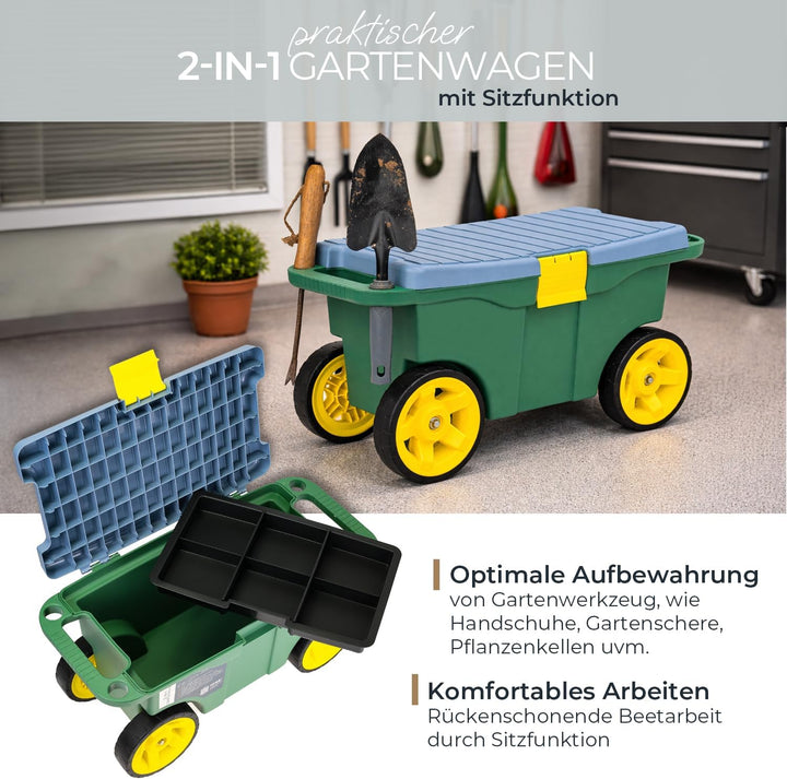 HMF 2-in-1 Gartenwagen mit Sitz und Stauraum, Gartenhocker mit grossen Rollen, Rollsitz für Gartenar