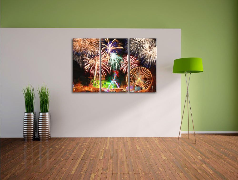 Pixxprint Riesenrad mit Feuerwerk als Leinwandbild/Grösse: 3 Teilig (120x80) cm/Wandbild/Kunstdruck/