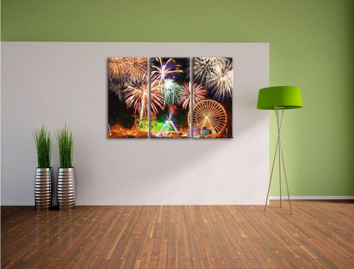 Pixxprint Riesenrad mit Feuerwerk als Leinwandbild/Grösse: 3 Teilig (120x80) cm/Wandbild/Kunstdruck/