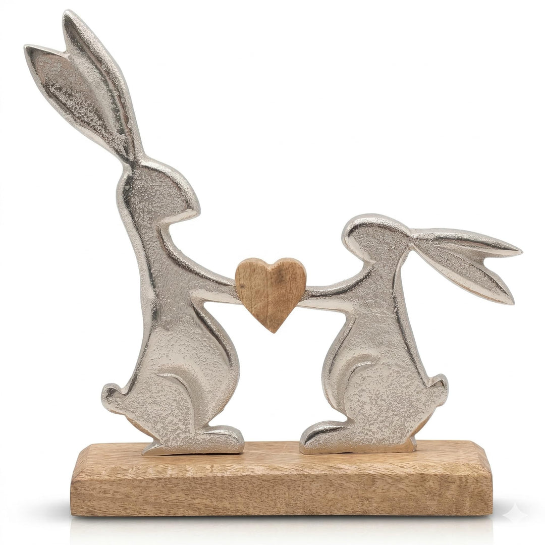 khevga Osterdeko Deko-Figur Osterhase Mango-Holz Metall Silber (19 x 20 x 5 cm)