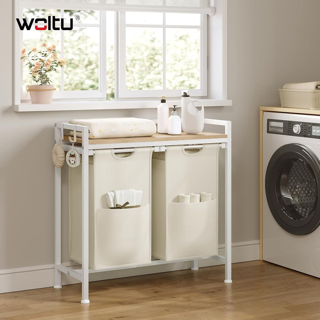 WOLTU Wäschekorb 2 Fächer, jedes 40 L, Wäschesammler mit Ablage Metallrahmen, Oxford-Stoff-Wäschesac