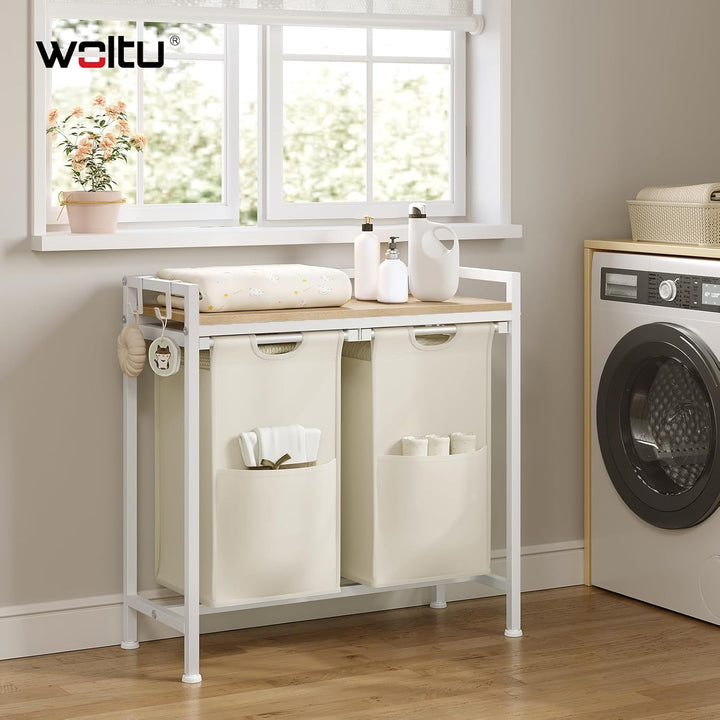 WOLTU Wäschekorb 2 Fächer, jedes 40 L, Wäschesammler mit Ablage Metallrahmen, Oxford-Stoff-Wäschesac