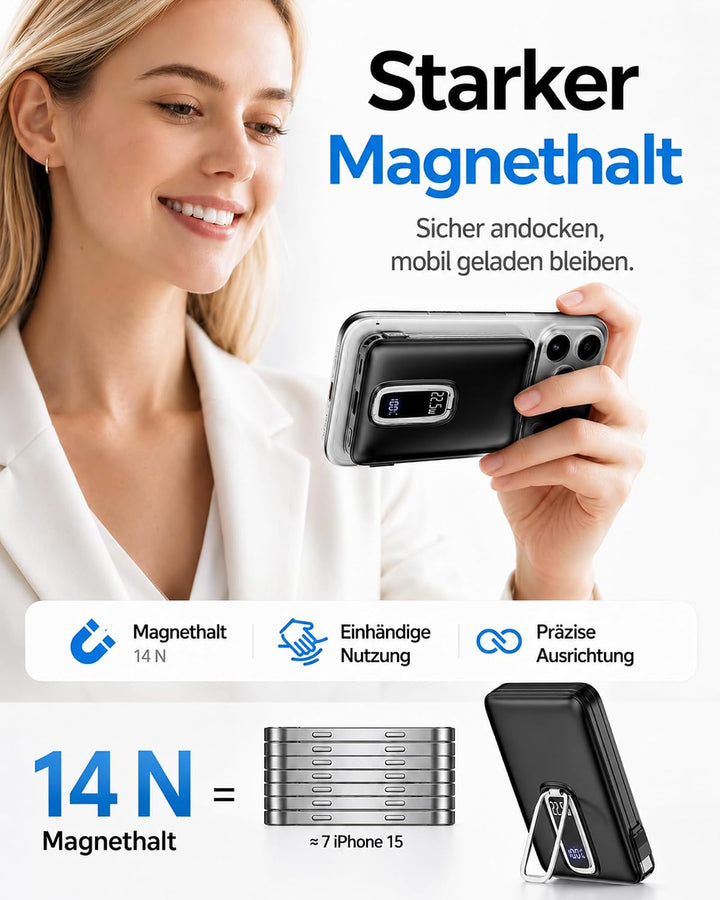 Magnetische Powerbank 10000mAh mit Ständer &amp; 22.5W Kabel für iPhone Blau Blau 10000.0 Milliamperestu