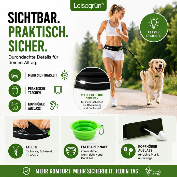 Leisegrün Joggingleine für mittelgrosse Hunde bis 25 kg – Freihand-Hundeleine mit verstellbarem Bauc