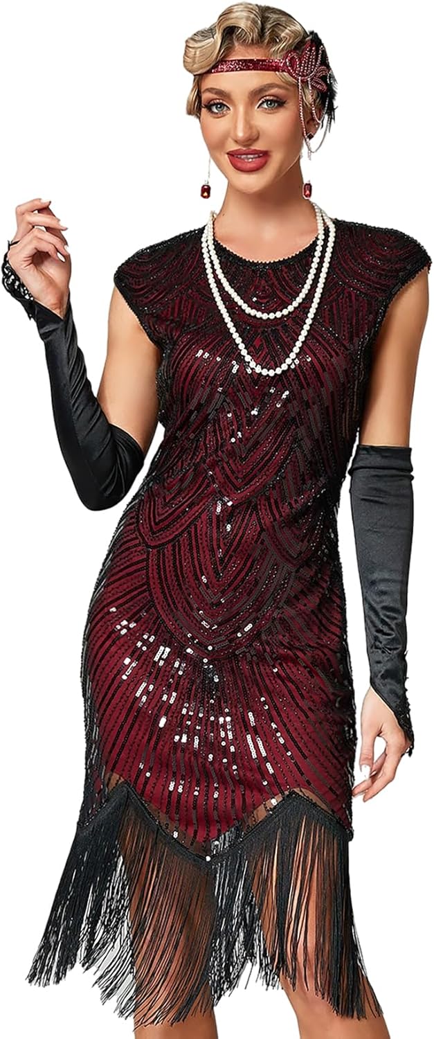 Damen Kleid voller Pailletten 20er Stil Runder Ausschnitt Inspiriert von Great Gatsby Kostüm Kleid S