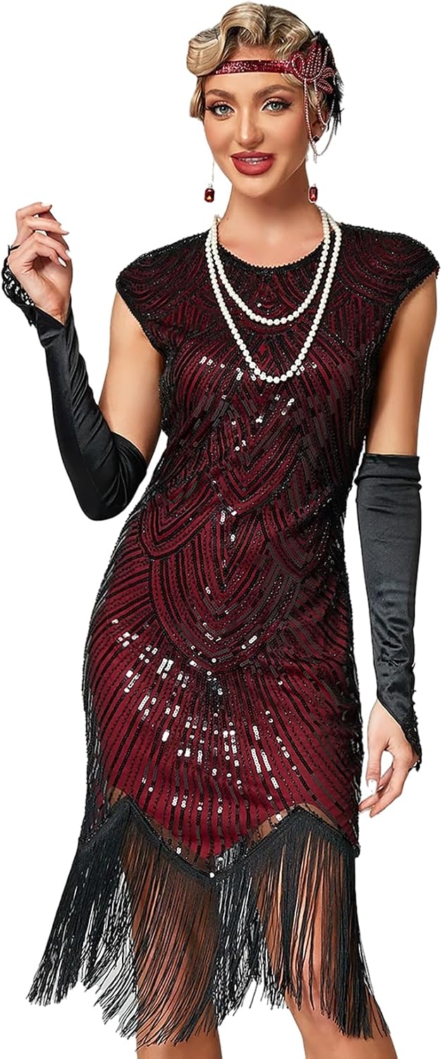 Damen Kleid voller Pailletten 20er Stil Runder Ausschnitt Inspiriert von Great Gatsby Kostüm Kleid S