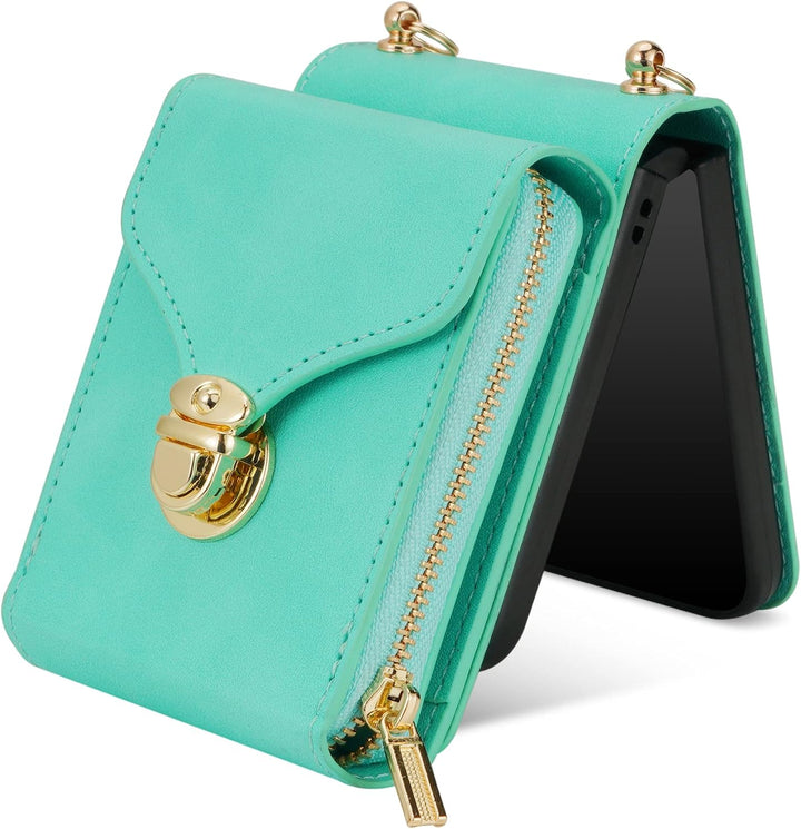 UDBKKDX Brieftasche Handyhülle für Samsung Galaxy Z Flip 4, Schnalle Frauen Mattes Leder hülle mit B