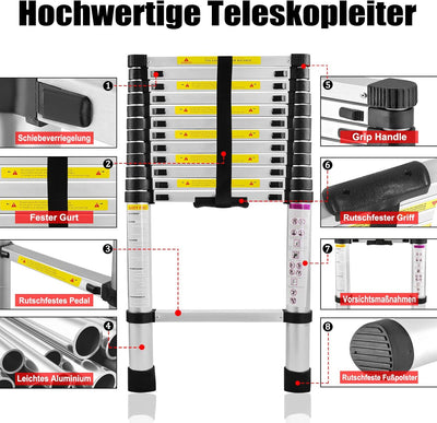TRMLBE Teleskopleiter 2,6 m Ausziehleiter Leiter Ausziehbar Aluminium Anti-Rutsch Stehleiter Mehrzwe
