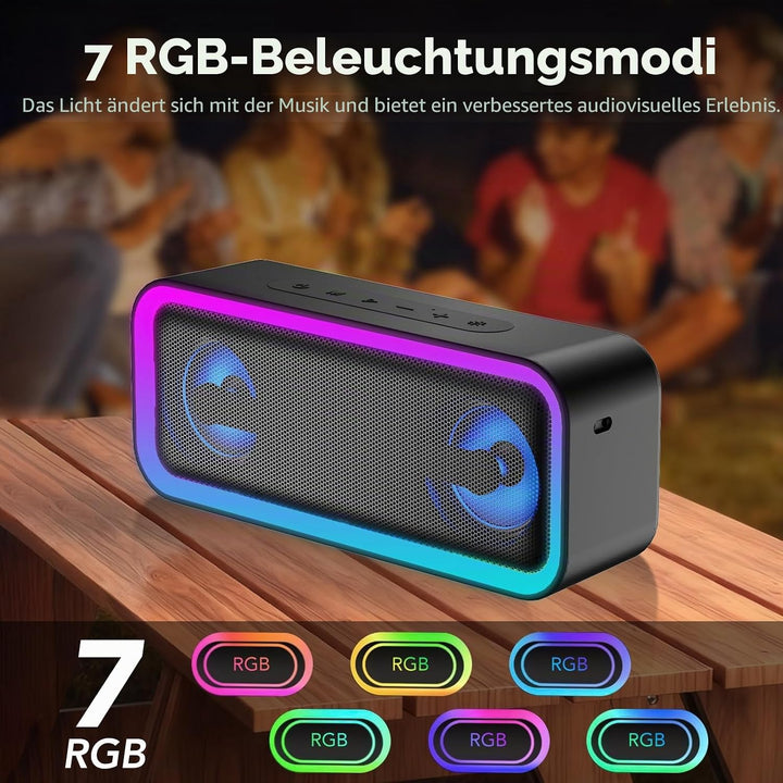 IKT Bluetooth Lautsprecher mit Licht, Musikbox Bluetooth 5.4, 30W Stereo Bass Boost, IPX7 Wasserdich