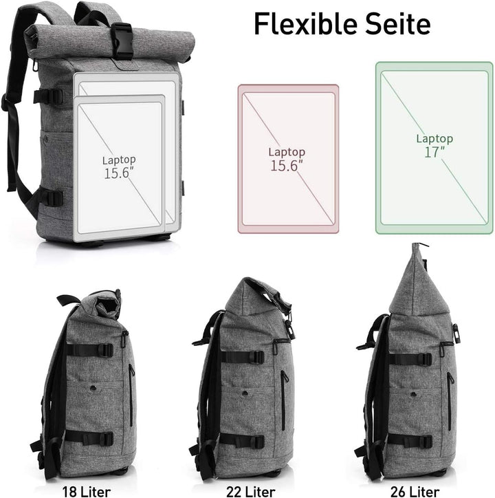YAMTION Laptop Rucksack Herren,Rolltop Rucksack Schulrucksack Jungen Teenager mit USB Ladeanschluss