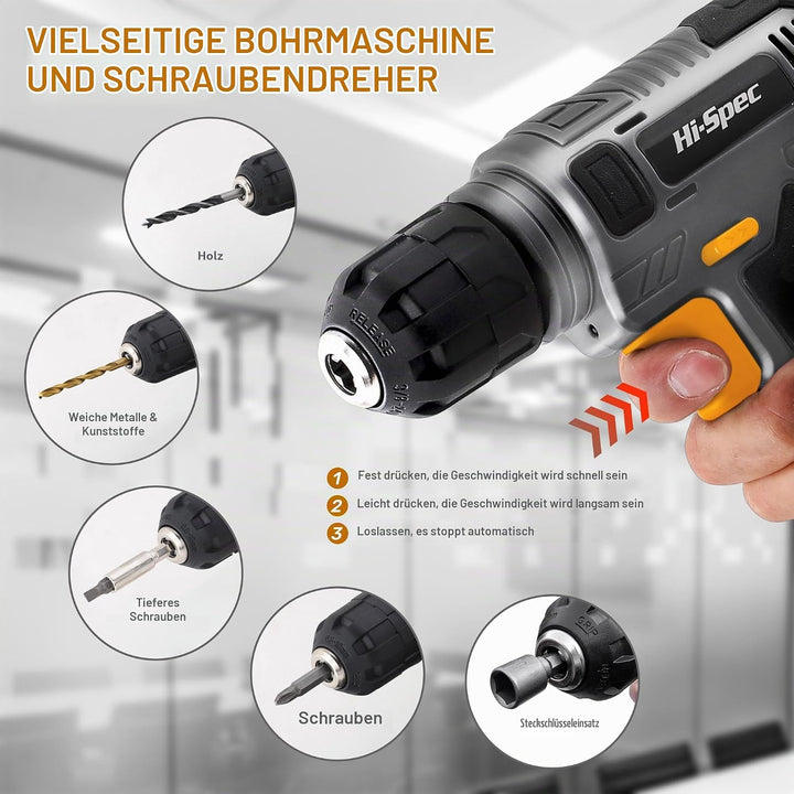 Hi-Spec 8V USB Akku-Bohrschrauber- und Starter-Heimwerkerset. Kabelloser &amp; wiederaufladbarer Elektro