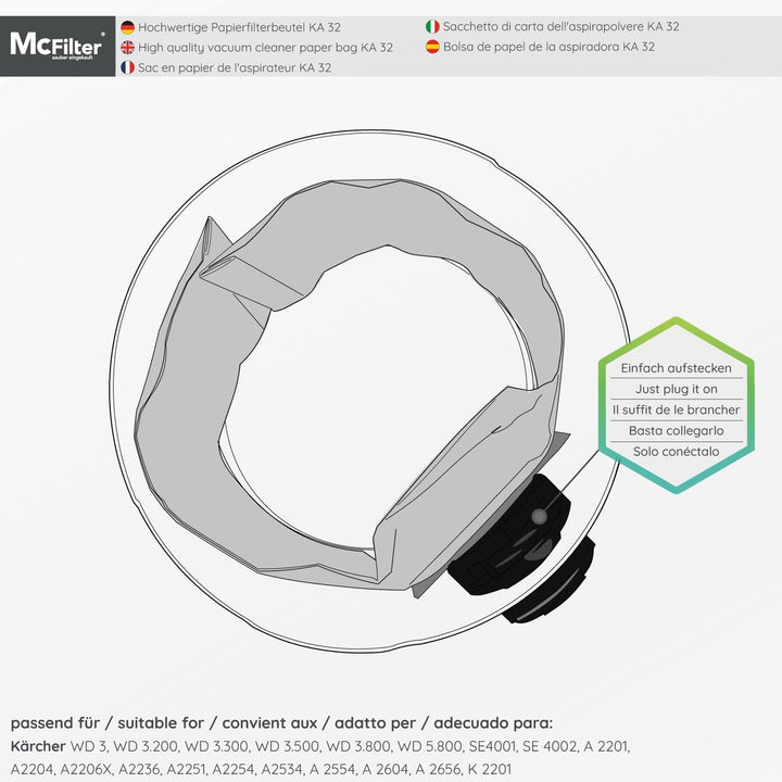 McFilter | 10 Staubsaugerbeutel kompatibel mit Kärcher WD 3.300 M Mehrzwecksauger, Nass- Trochensaug