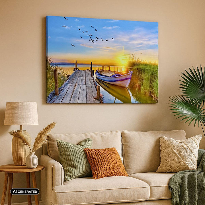 Bilder auf Leinwand 100x70cm Leinwandbild mit Rahmen See Boot Wasser Gross Wanddeko Bild Schlafzimme