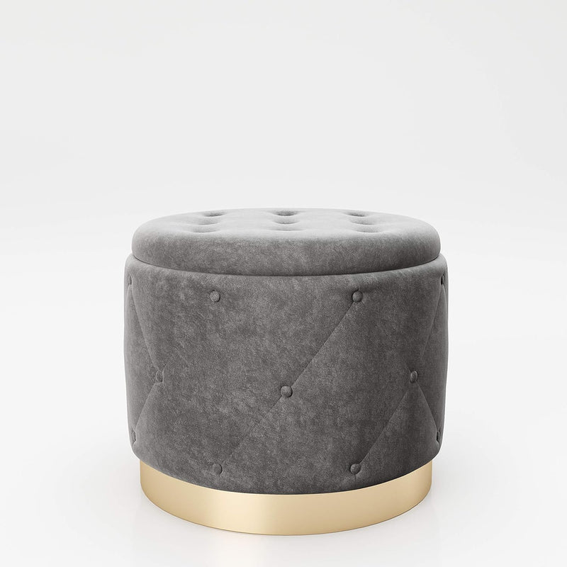 PLAYBOY Pouf mit Stauraum, goldenem Metallfuss, Samtbezug mit Chesterfield-Optik in Grau, Sitzbox mi