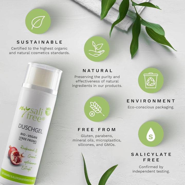 mysalifree BIO DUSCHGEL, mild reinigendes Naturkosmetik Duschgel für sensible Haut, mit Reiskeimöl,
