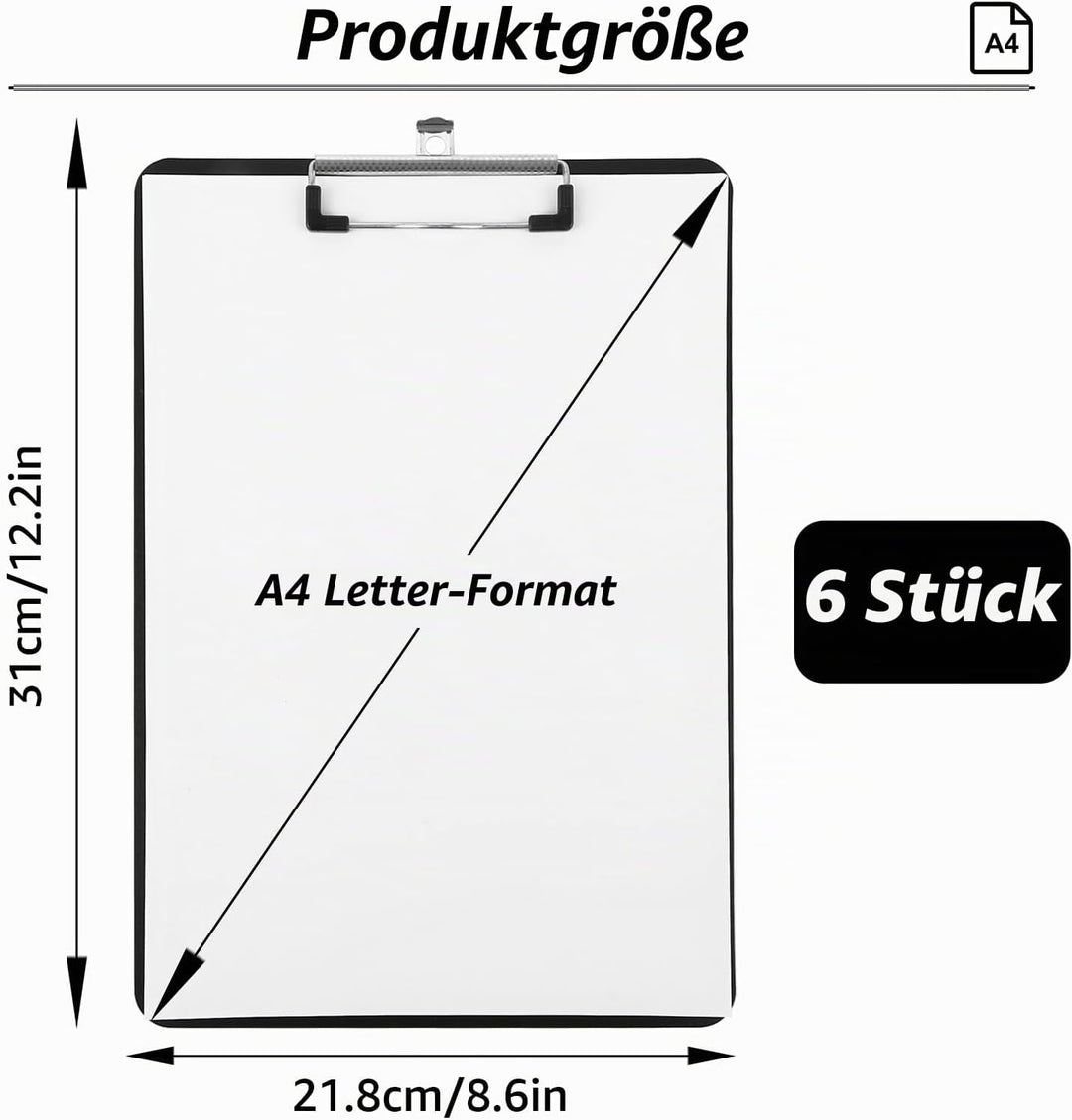 6 Stück Kunststoff Klemmbrett A4, Klemmbrett A4 Kunststoff Klemmbrettmappe mit Metalklemme und Aufhä